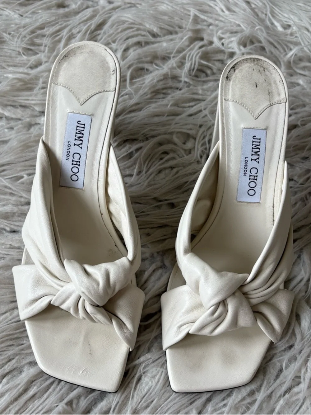 JIMMY CHOO Avenue 85mm Block Heel Latte Ivory Leather Twist Knot Front Mule 40.5